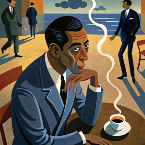 albert camus smoking a cigarette outside a parisian cafe, he is melancholy. He is wearing a suit and a trench coat