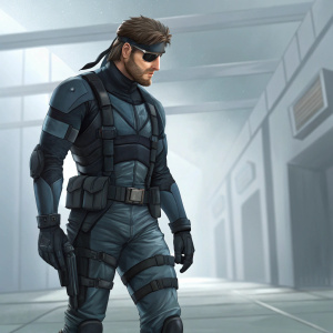 Digital rendering of Solid Snake from Metal Gear Solid. Wearing stealth suit. Futuristic setting, minimal background