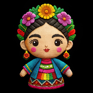 DIBUJO DE MUÑECA FRIDA  EN CARICATURA VECTORIZADA  en efecto bordado colores flourescentes fondo negro