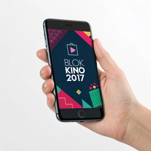 A sleek, user-friendly app design for Blok Kino 2017. Vibrant hues of pink, navy blue, and green dominate the interface. Incorporates text, graphics, and a mobile-responsive layout.