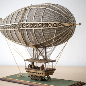 Paul Haenlein's 'Airship Aeolus' illustrated with detailed woodcut engraving from 1882. Black and white design with intricate lines forming the airship's dome-shaped envelope, supporting structures, and basket-like base.