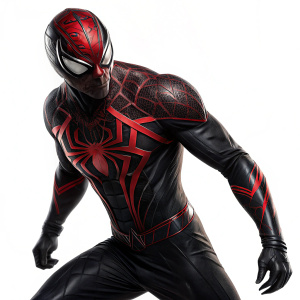 Photograph of Tom Hardy as Venom. Wearing black and red symbiote suit. Stark white background. Intense pose