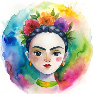 Logotipo, colorido, minimalista, inspirado en la cara de Frida Kahlo, dirigido a jardín de niños, estilo caricatura.