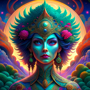 Tadanori Yokoo art style: goddess of psychedelic forest perfect portrait