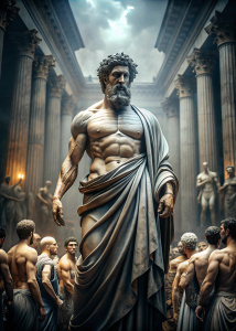 A towering marble statue of Marcus Aurelius, muscles rippling in a robe, standing tall and proud in the midst fans of admiration. Roman architecture in the background, dark feeling, Cinematic 8K hyper-realistic