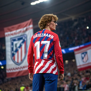 Antoine Griezmann, sporting curly hair and glasses, stands in front of a crowded stadium. He wears a red and blue checkered jersey with 'Griezmann 17' stitched on the back. Prominent logos and banners fill the background.