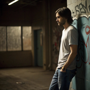 Jared Leto, standing alone in a dimly lit room. Dressed in a casual t-shirt and jeans. The background is a graffiti-covered wall. He looks contemplative.