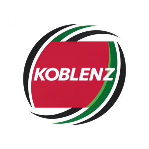 A sleek and contemporary logo design for Koblenz. Bold red square enclosing a dynamic blend of black and green curved lines, encapsulating the angular text 'Koblenz'. Modern and striking.