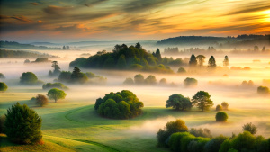 fog over the meadows at dawn, peaceful