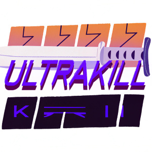 Digital artwork showcasing the bold Ultrakill logo. The vibrant red text stands out against a dark background. Below, smaller text provides details about the game series. Modern, edgy design with strong graphic elements.