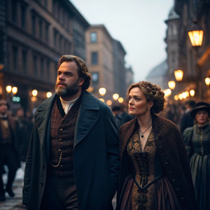 Vintage photo of actors Vincent D'Onofrio and Greta Scacchi at the premiere of their film. They are both dressed in period costumes, walking on a bustling, old-world city street.