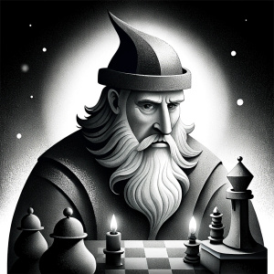 Black and white image of Johannes Gutenberg playing chess