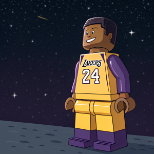 Digital illustration of Giannis Antetokounmpo as a LEGO figure. Wearing Lakers jersey with number 24. Dark, starry night background