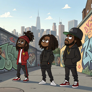 Digital art: three cartoon figures with dark skin, dreadlocks, and streetwear. Graffiti-covered walls in the background, cityscape