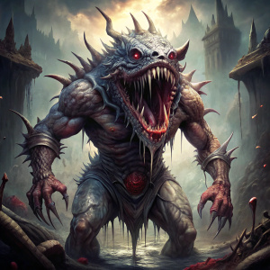 dungeons and dragons evil, tall,  long bloody claws, shark like mouth
