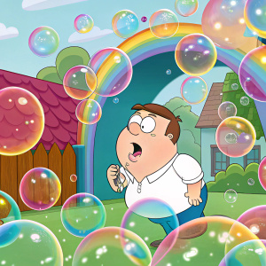 Peter Griffin from FAMILY GUY hiding behind soap bubbles. Colorful cartoon setting.