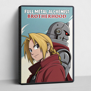 DVD cover art for Fullmetal Alchemist: Brotherhood. Depicts young protagonist with blonde hair and an automaton creature. Vibrant color scheme with clear text