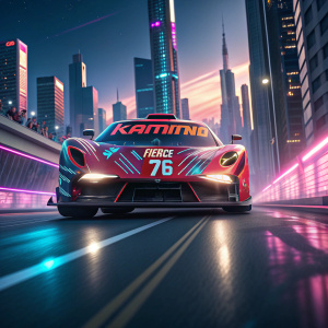 A high-speed race car, Fierce 76, with vibrant 'KAMINA' logo and a dynamic female character design, speeding through a futuristic cityscape.