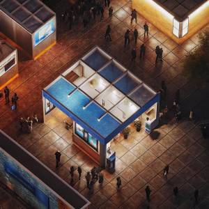 High-tech 3D rendering of Coffeland Iceland's booth at a bustling trade show. Vibrant blue and white design.