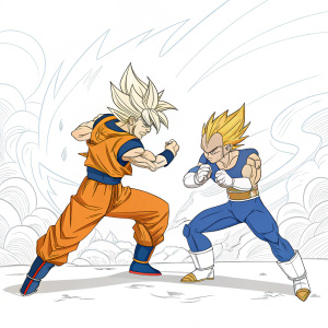 Line art drawing featuring Goku and Vegeta, two iconic Dragon Ball Z characters, engaged in intense battle stance. Simplistic white background