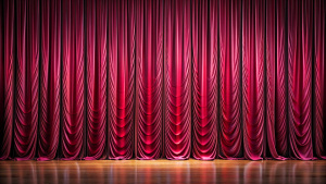 burgundy satin in vertical pleats on stage curtains