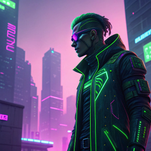 Cyberpunk character with neon green and purple background. Cybernetic enhancements. Intense gaze