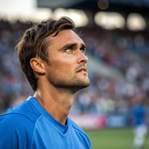 High-definition portrait of Chris Wondolowski. Wearing blue jersey, displaying focused gaze. Out-of-focus soccer stadium crowds