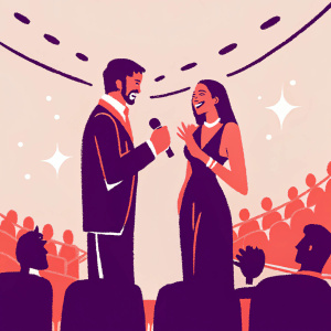 David Tennant and Alesha Dixon at a lively awards show. Crowded auditorium, flashing lights