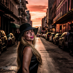 Karina Catalán, long blonde hair, black hat, posing in front of a bustling cityscape at sunset.