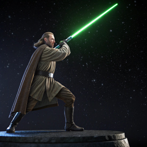 Highly detailed 3D render of Qui-Gon Jinn. He stands with his signature green lightsaber ignited. Dark, starry space background. Figure and glowing lightsaber contrast sharply against the dark backdrop.