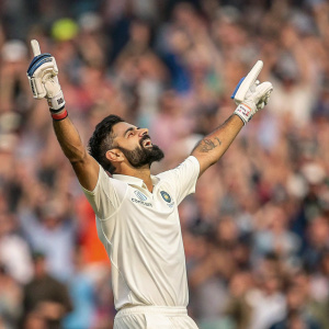 Virat Kohli, in white jersey, celebrating a wicket at the packed stadium. Crowd roaring in the background.