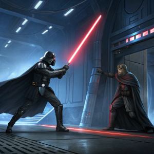 The cover art for 'Star Wars: The Force Unleashed - Ultimate Sith Edition' featuring a dramatic showdown between Darth Vader and a dark Jedi. Futuristic setting with a blend of blue and red hues, along with metallic accents. Designed for Xbox 360.