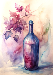 light watercolor bottle of vine in smear of paint, white background 