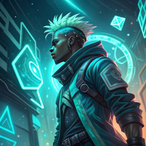 Digital artwork of Ekko, a League of Legends character. Blue and green hues, futuristic setting, abstract shapes surrounding him