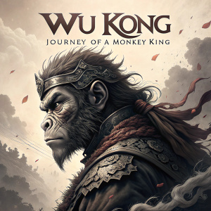 Poster for 'Wu Kong: Journey of a Monkey King'. Fierce Monkey King expression, detailed face, dramatic grayscale tones, traditional Chinese ink wash style, abstract background