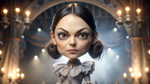 Character portrait of Mila Kunis, standing on stage, side profile, caricature, grisaille, chibi, kawaii,3d rendering, octane rendering, volumetric light, victorian fashion, metallic, highly-detailed symmetric face, detailed eyes, ultra sharp, highest quality, art by Anja Millen and George Cruikshank and Bordalo II, smooth, sharp focus, trending on artforum, behance hd, kids story book style, muted colors, watercolor style


