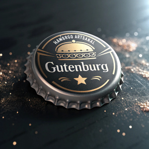 A digital rendering of Hamburgo Artesanal's Guttenburg logo. The logo is sleek and modern with a metallic finish. Dark background with subtle, shimmering textures.