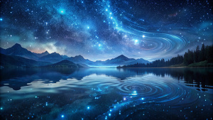 A crystal-clear lake reflecting the starry sky above, its surface marked with ripples forming intricate numerical patterns.