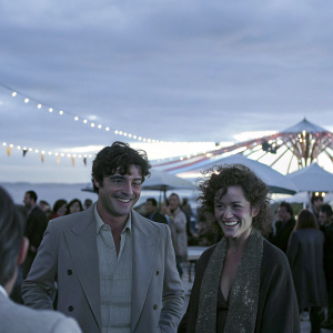 Riccardo Scamarcio and Valeria Golino, smiling brightly at a bustling party. Crowded setting with festive decorations