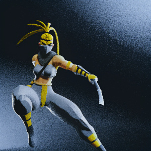 3D digital model of Stinger Akali in action pose. Character with vibrant yellow highlights and earthy tones. Muscular build, striking fighting stance. Set against a dark, dramatic background.