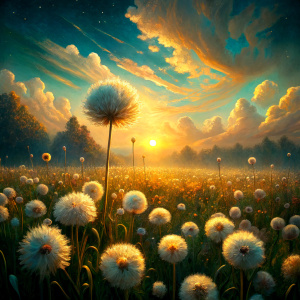Vintage Old, Spring Meadow with small white Dandelion Flowers in Motion with the Sunrise in the background. Photo Realistic