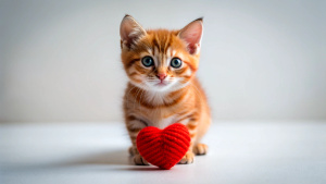 Small red striped kitten with red heart. Love pets, adoption, donation, Valentines Day card