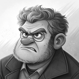 Detailed digital artwork of Grunkle Stan from Gravity Falls. Large angry face with short wavy hair. Expressive eyes and furrowed brow. Black and white coloring against light gray backdrop.