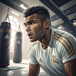Carlos Casemiro training at Real Madrid's state-of-the-art facility. Sweat dripping, intense focus. Surrounded by fitness gear and padded mats. Modern gym aesthetics, bright lights