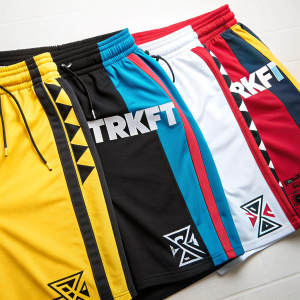 TRUKFIT shorts in vibrant colors - yellow, black, blue, red, and white. The design features repeated 'TRKFT' text. Modern sporty aesthetic. Photo taken against a plain white backdrop.