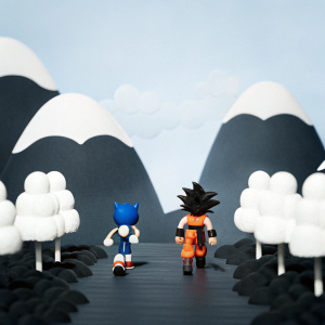 Sonic and Goku, from Dragon Ball, in a pixelated Roblox world, racing through a candy land inspired landscape.