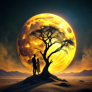 Silhouette of a kissing couple, near a large crooked dried tree, against the backdrop of a huge yellow moon, backlit silhouette::  hyper-realistic, detailed rendering, depth of field, hyper-detailed, 64k, high resolution, contrast of light and shadow.
