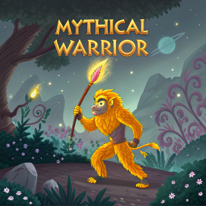 Illustration of a golden monkey in an energetic stance, titled 'Mythical Warrior'. Fantasy landscape with magical flora and fauna.