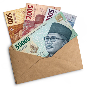 Multiple Indonesian rupiah notes, including 50000, 100000, and 75000 denominations, spilling out from a worn brown envelope. Detailed high-resolution imagery highlights intricate color schemes and unique security features.