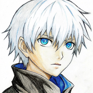 anime guy man with short white hair and blue eyes losing his vision